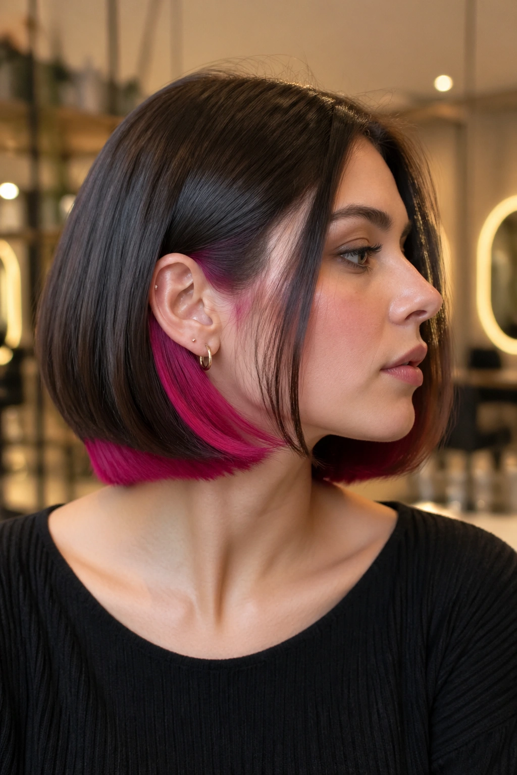 Close-up portrait of a real person with a blunt bob and fuchsia underlayer visible at the nape.