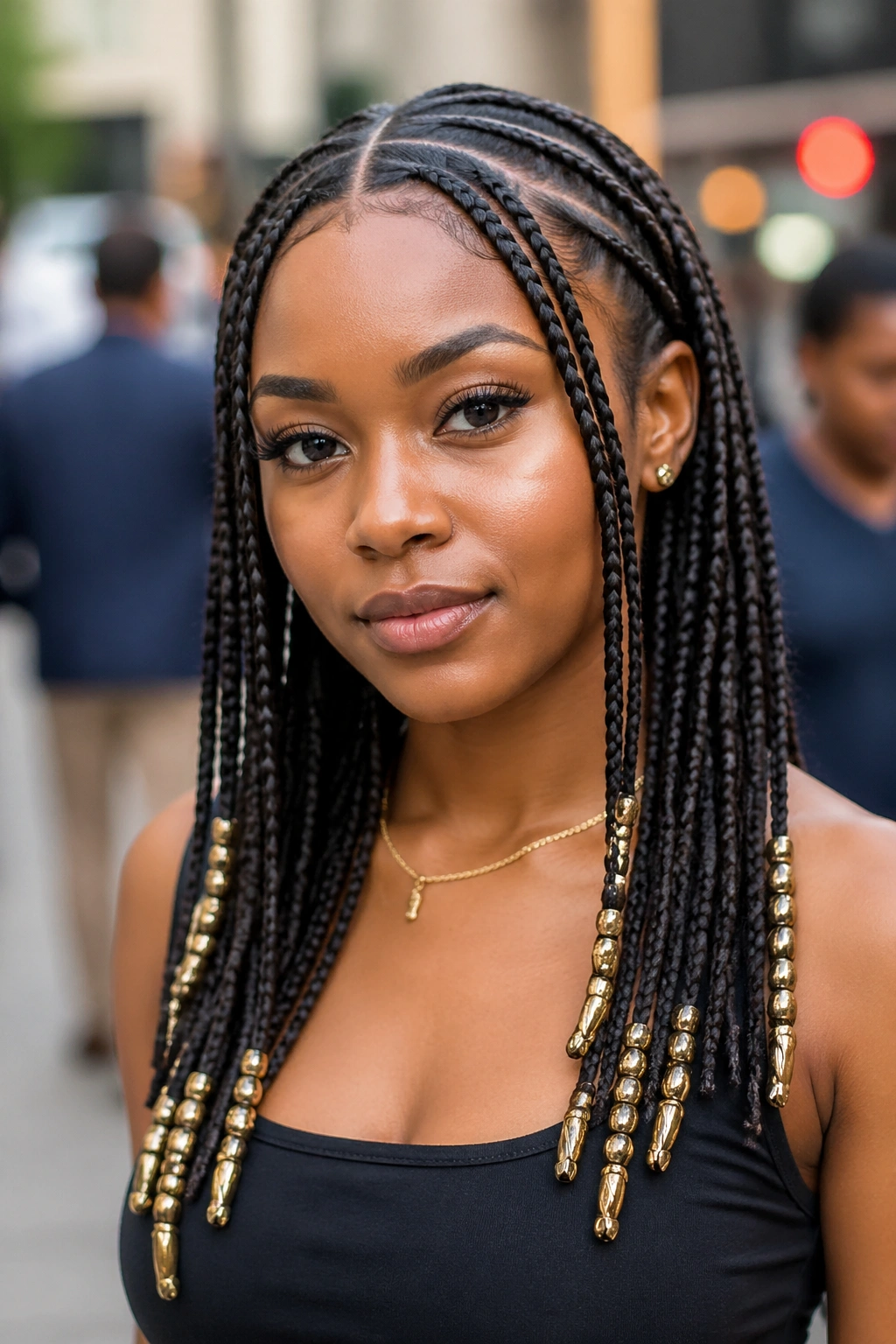 Close-up of a real woman with Fulani braids, center part and beads