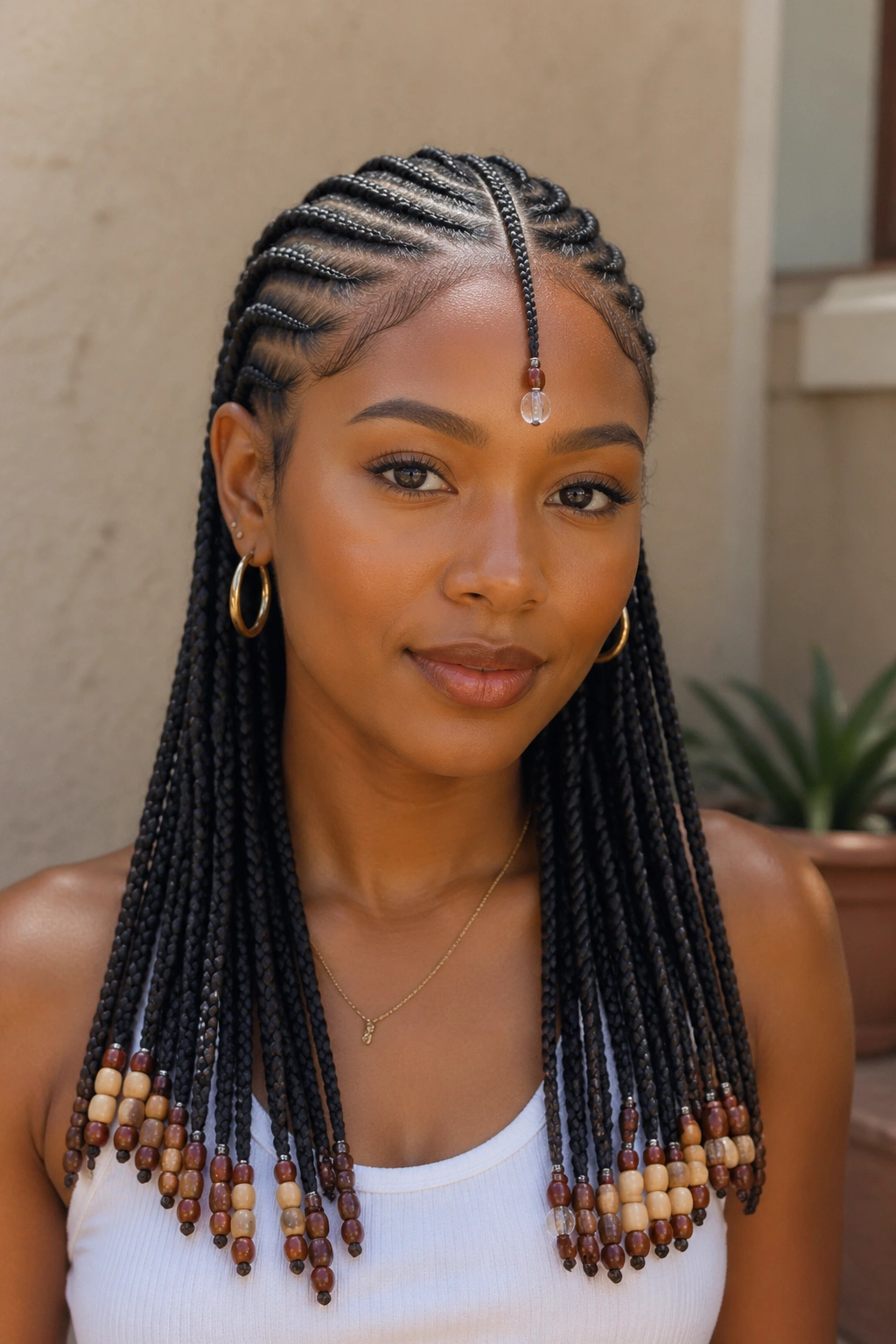 Close-up of center Fulani braid with beads on a real woman's head outdoors