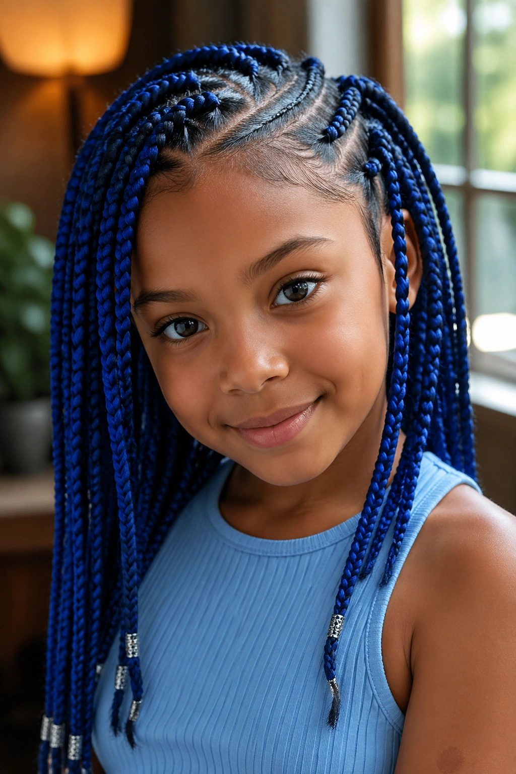 Close-up of a child with cobalt blue box braids and front cornrow accent