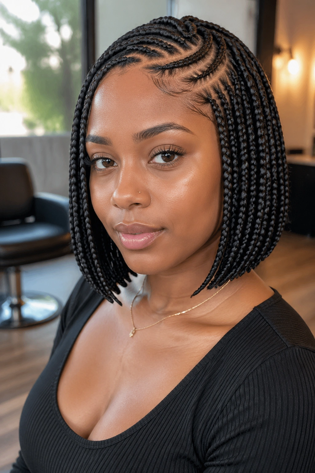 Close-up of a real woman with a Fulani-inspired bob featuring front cornrows and box braids