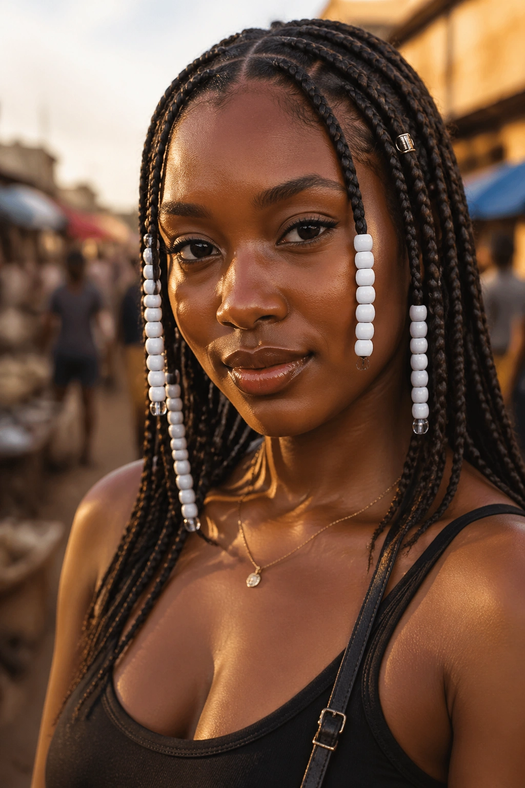 Close-up of a real woman with Fulani-inspired box braids and white beads