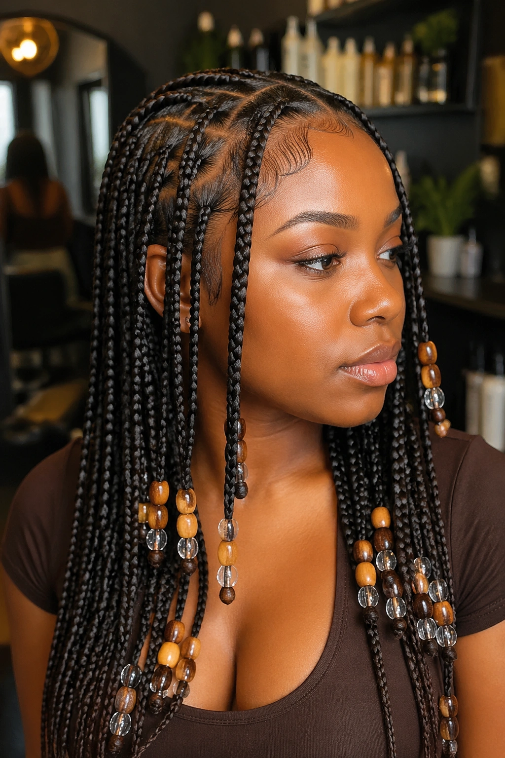Real woman with Fulani braids center part and side pieces with beads