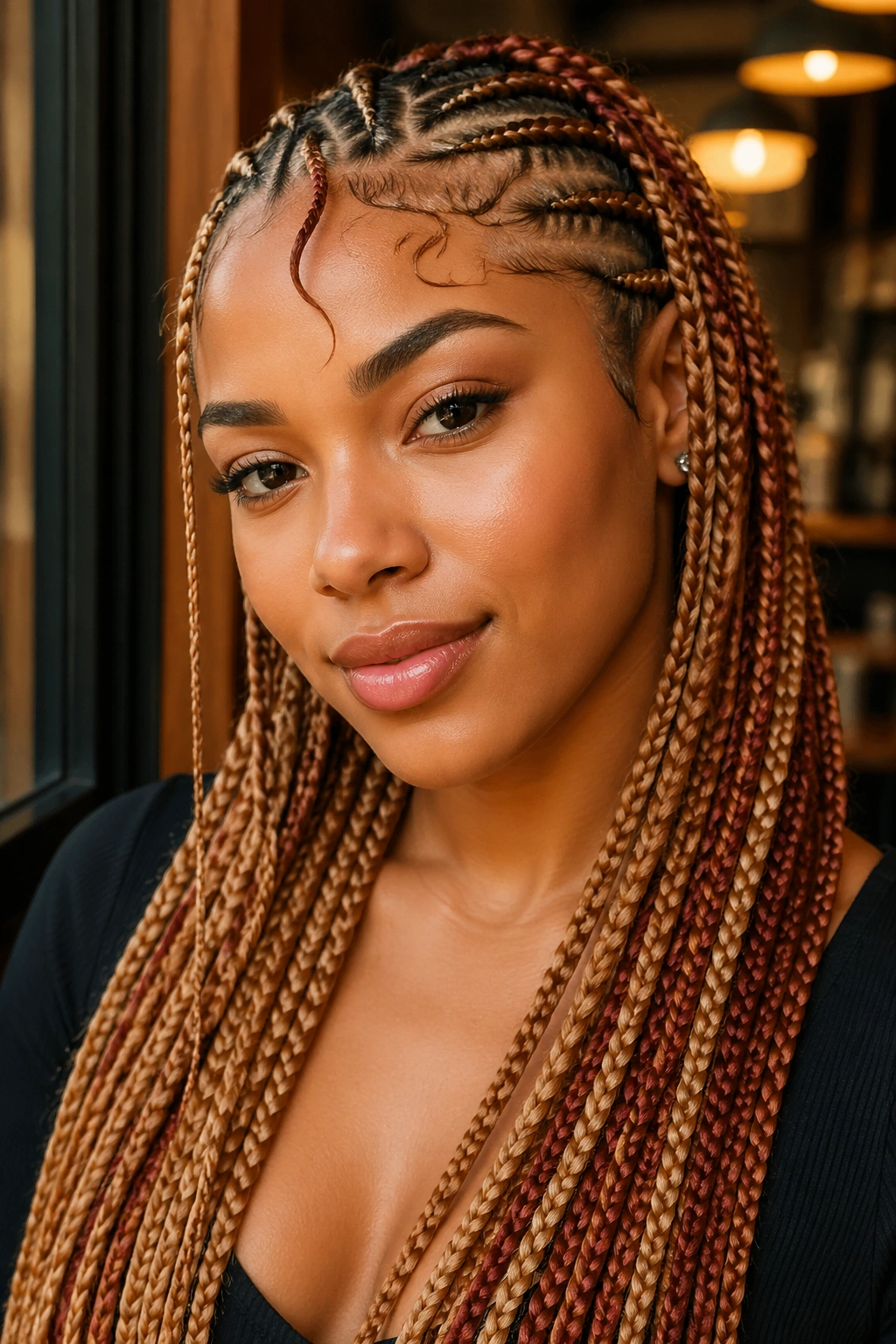 Real woman with auburn and honey blonde Fulani braids near a cafe window.