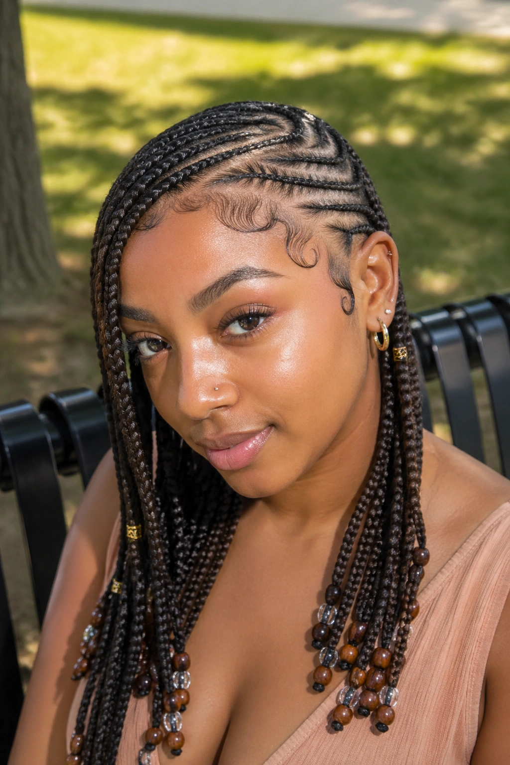 Real woman with side-swept Fulani braids outdoors