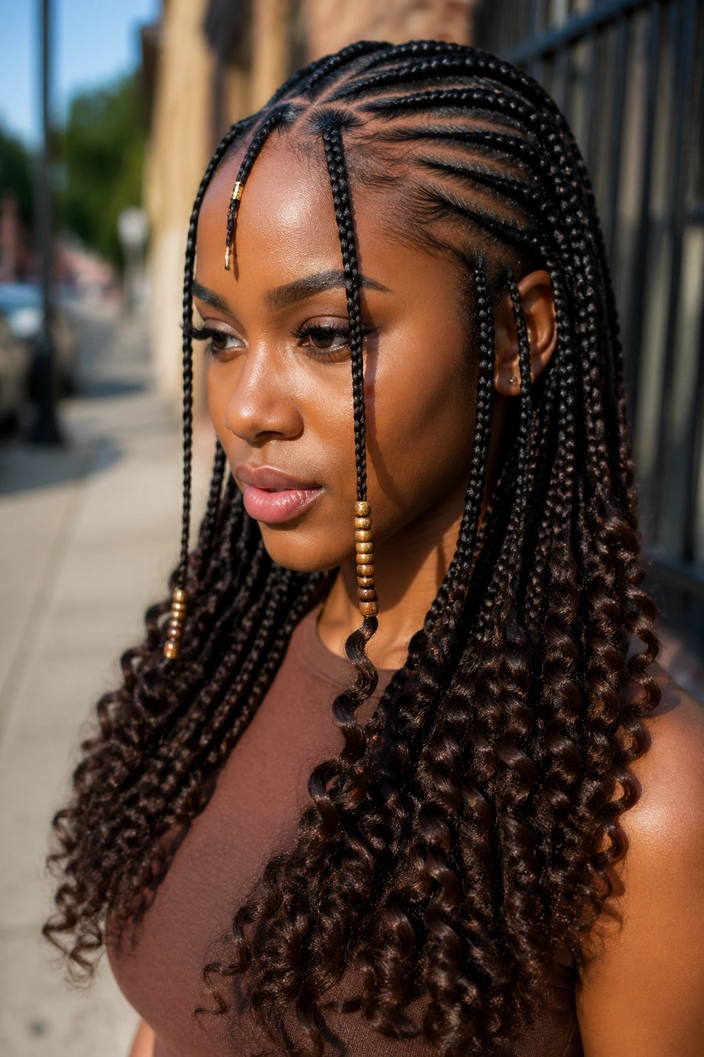 Real woman with Fulani-inspired braids featuring front center braid and beads, curly ends