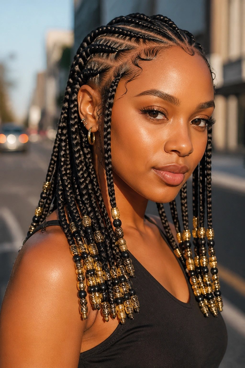 Close-up portrait of a woman with feed-in Fulani braids and gold-black bead ends