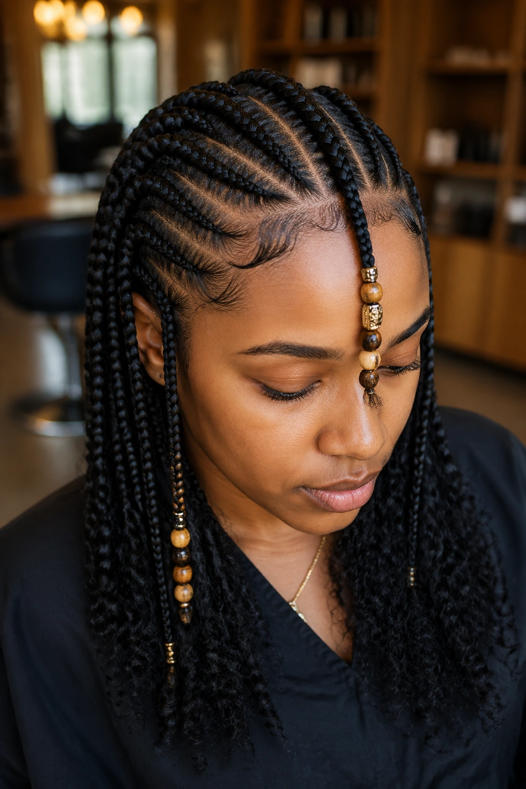 Close-up of a real woman's Fulani braids with center and side braids and light beads.