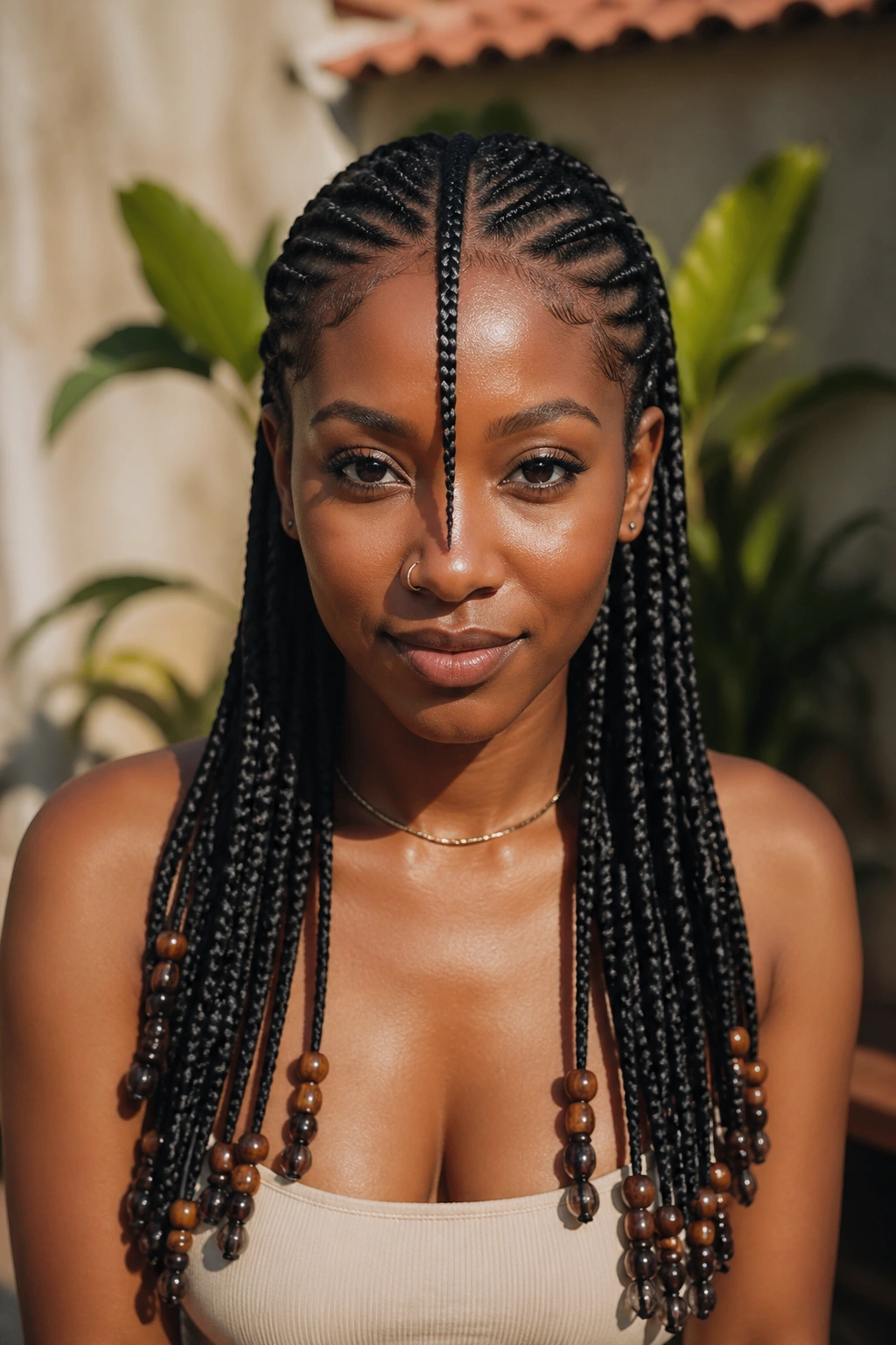 Close-up of a real Black woman's head with Fulani braids and beads