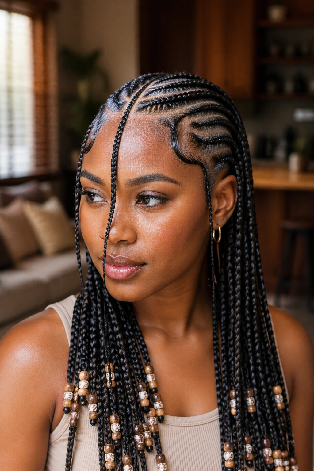 Close-up of real woman with Fulani braids and beads