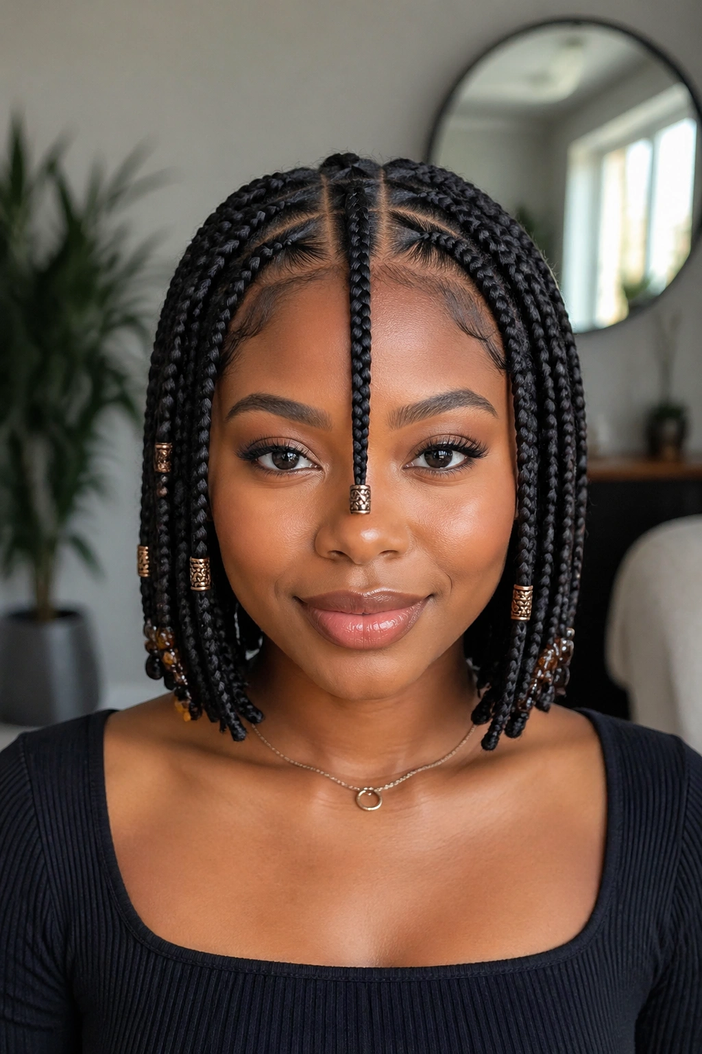 Front portrait of Fulani braids bob on real woman