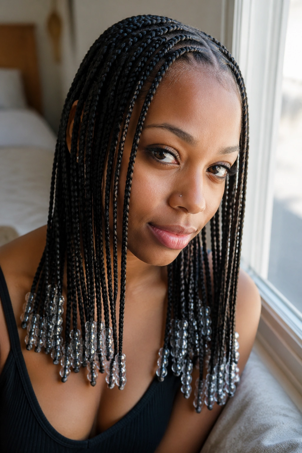 Close-up portrait of a real woman with a classic center-part Fulani braid style and clear bead ends