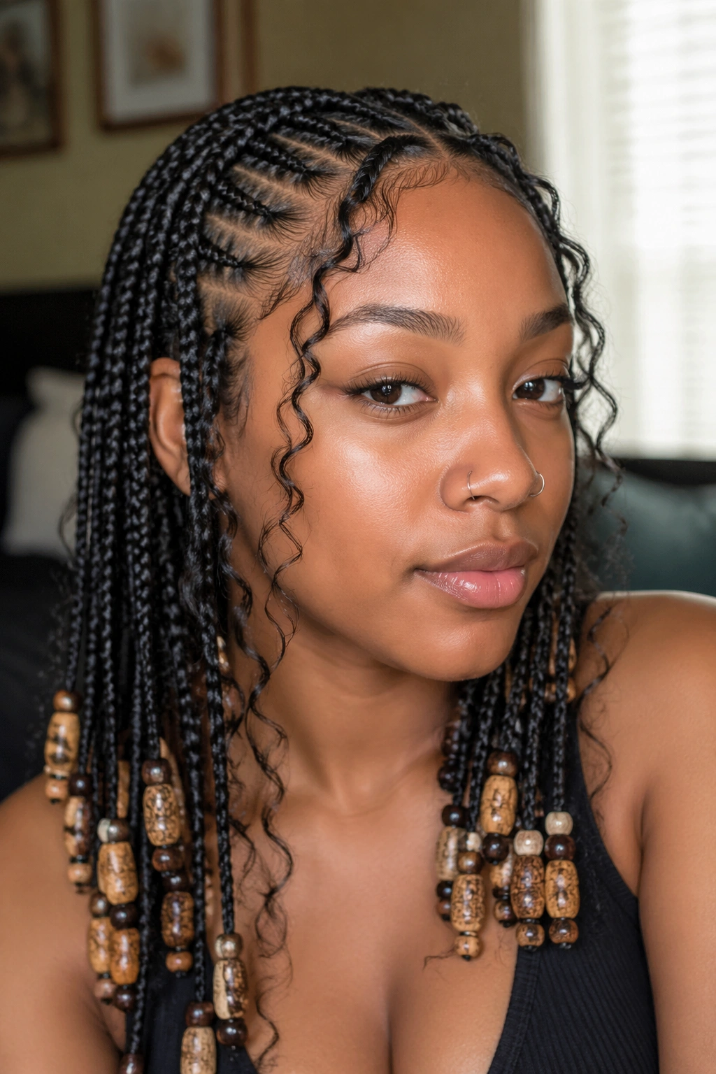 Real woman wearing Fulani braids with curly leave-out and beaded ends.