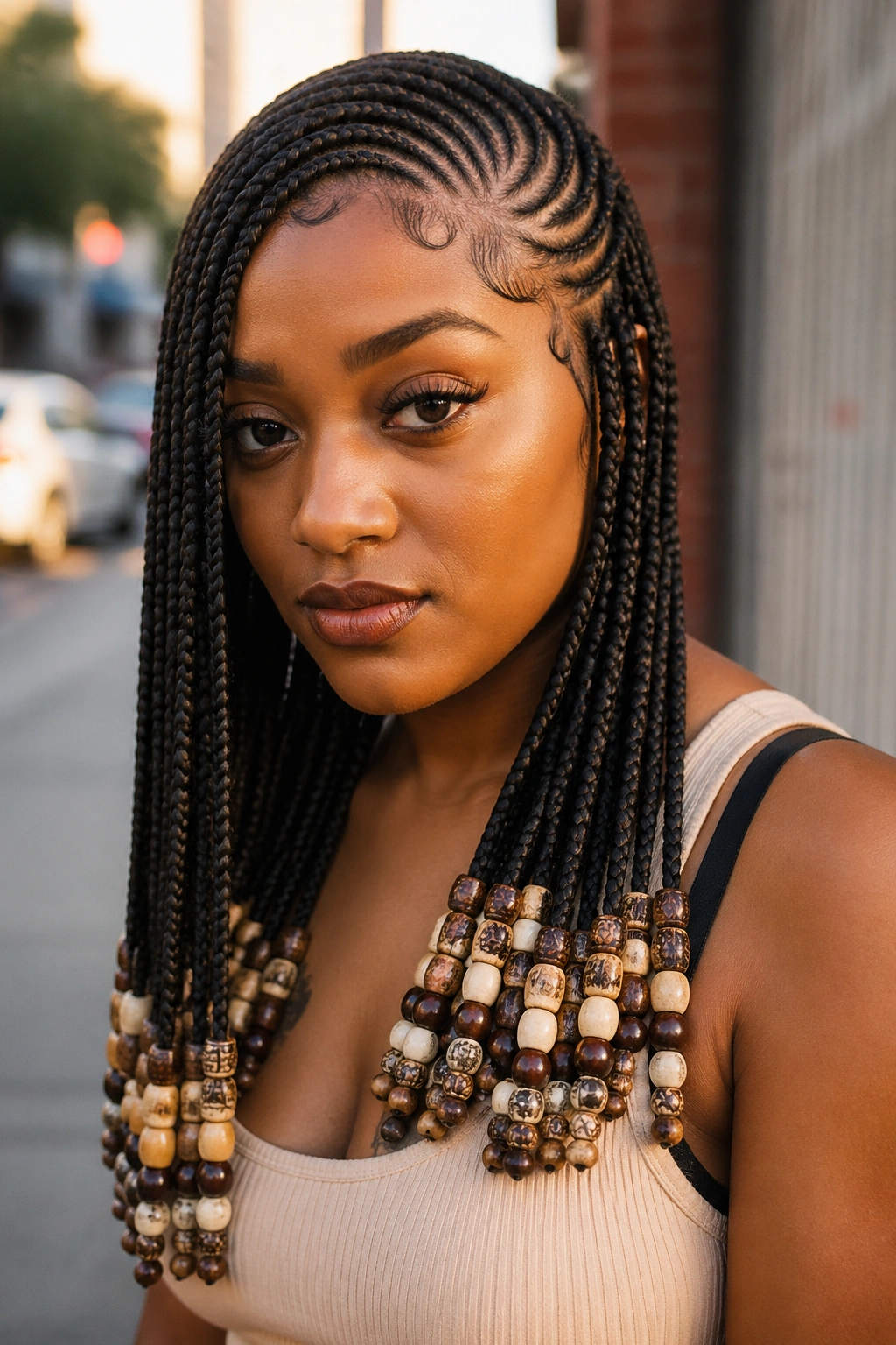 Close-up of curved side-part Fulani braids with layered beads on a real person