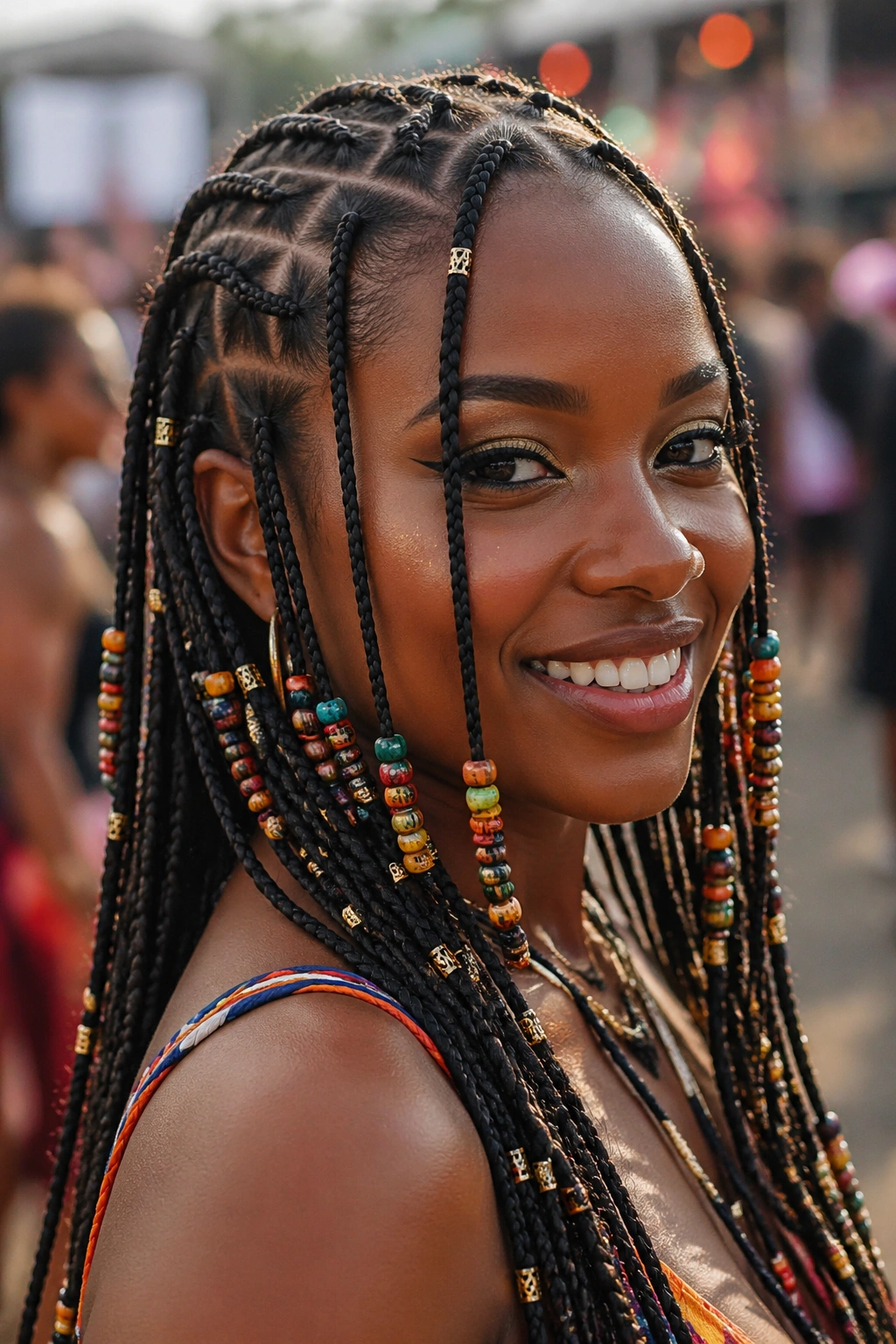 Close-up of festival-style Fulani braids with colorful bead clusters on a real person