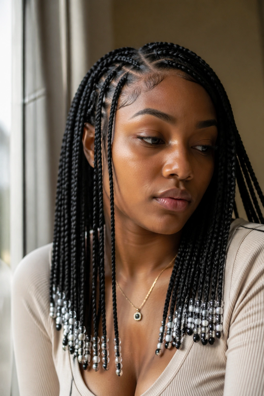 Close-up of a real person with Fulani braids and beaded ends, thoughtful mood