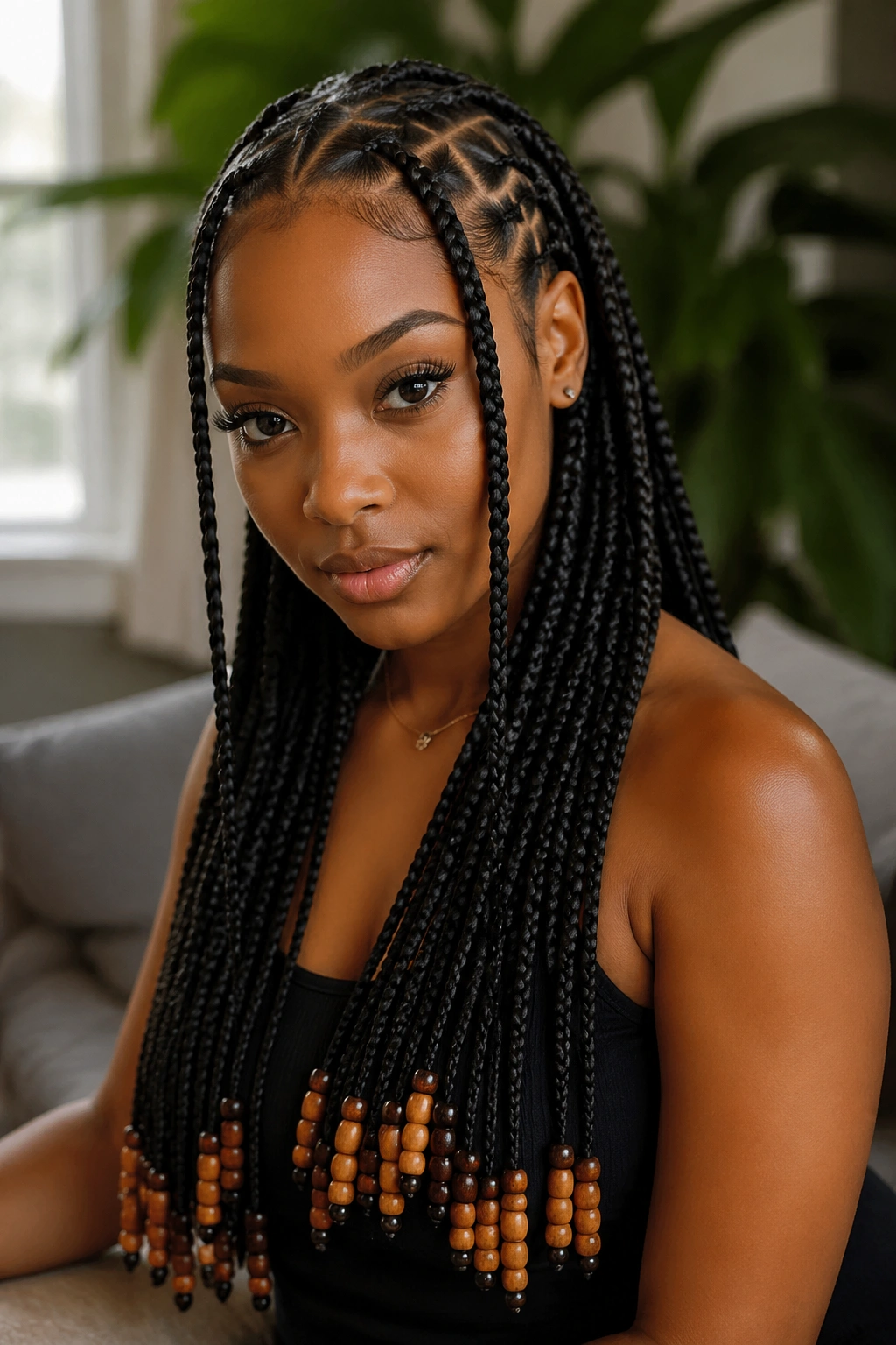 Close-up portrait of a woman with two front braids and long back Fulani braids with bead ends