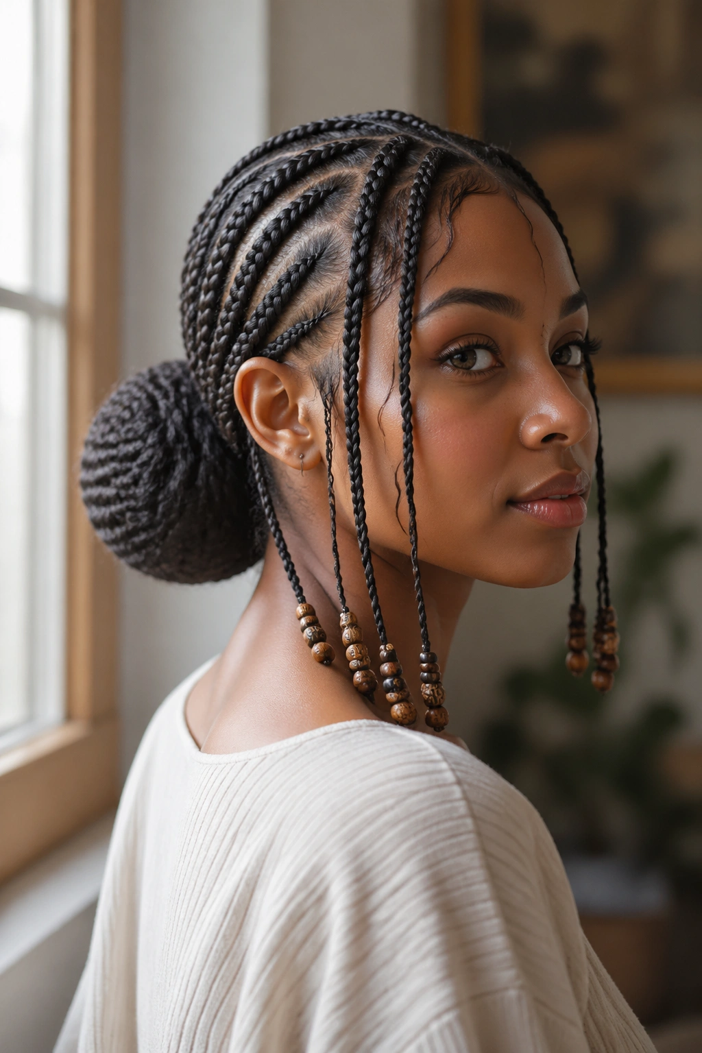 Portrait of Fulani braids in a low bun with loose beaded tails on a real person