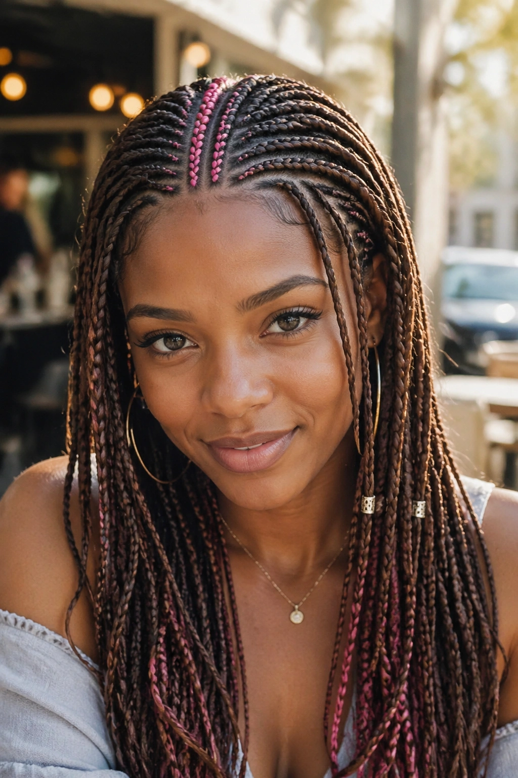 Front portrait of a real woman with brown Fulani braids and pink center rows