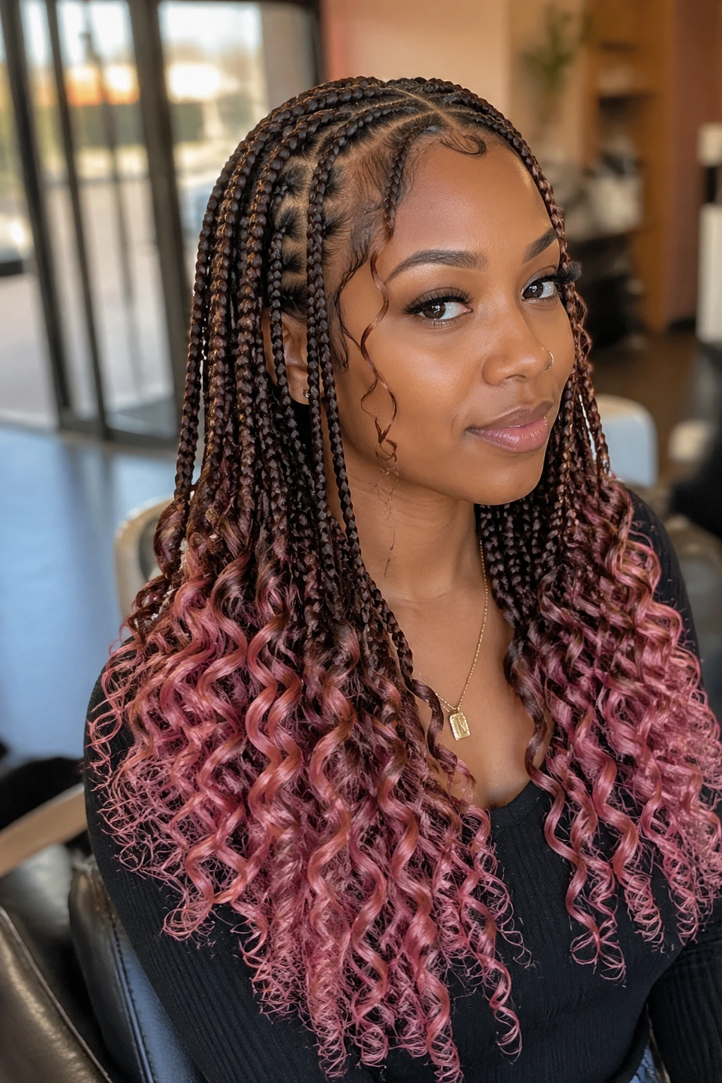 Close-up portrait of a real woman with chestnut brown Fulani-inspired braids ending in pink curls