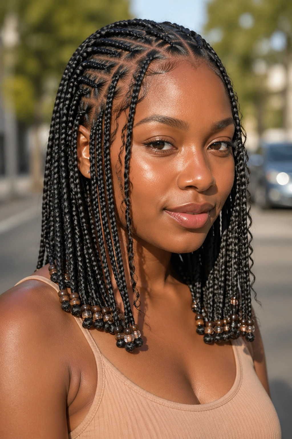 Close-up of shoulder-grazing Fulani braids with polished tips and beads on a real woman