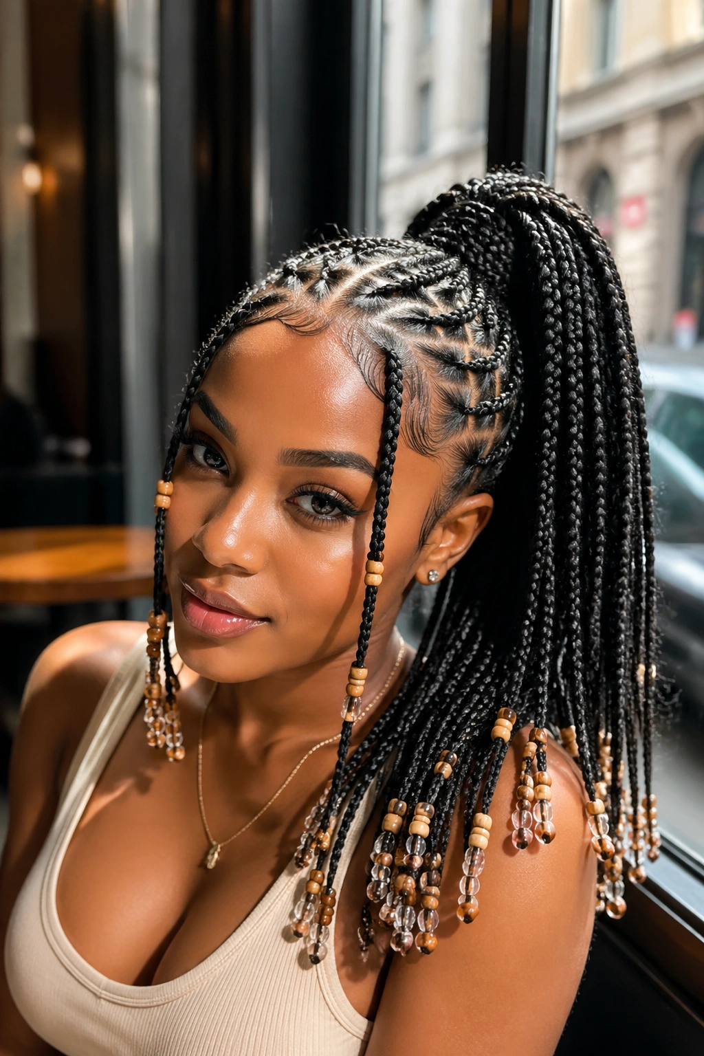 Close-up portrait of a woman with high ponytail Fulani braids and beaded ends