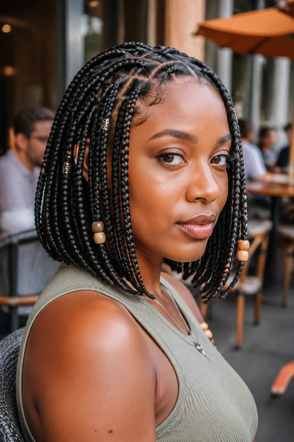 Close-up portrait of a woman wearing Fulani-inspired bob-length box braids with center part and light side accents.