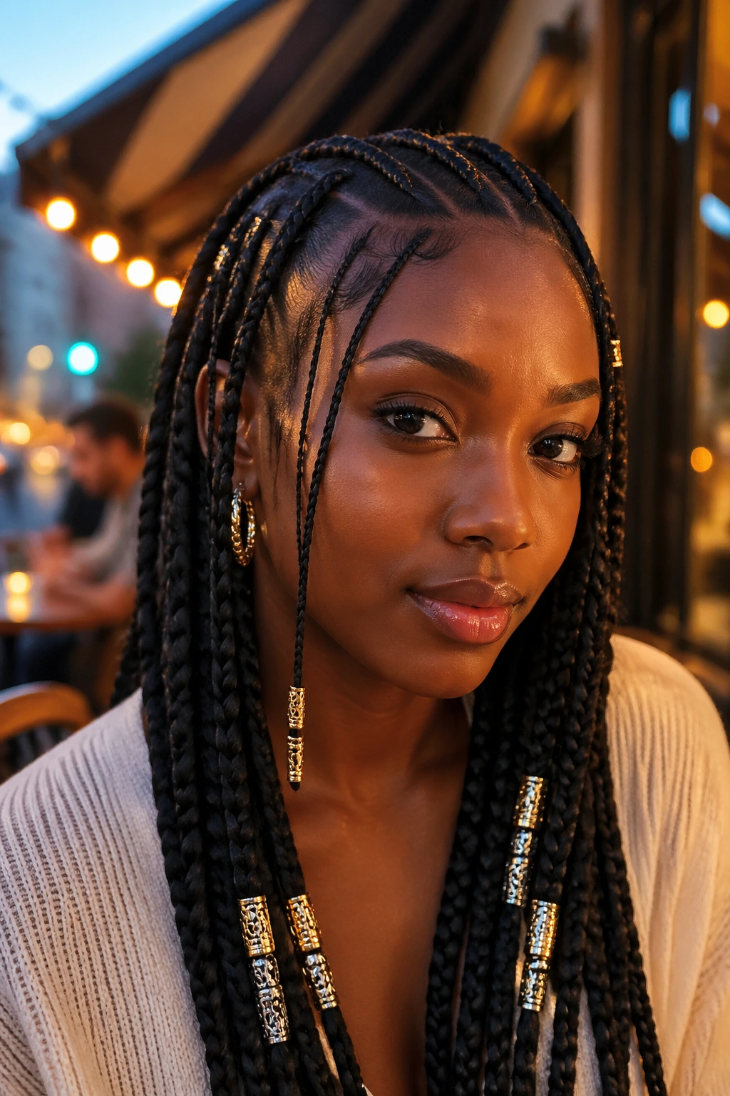 Close-up of mixed-thickness Fulani braids with metal accents on a real person