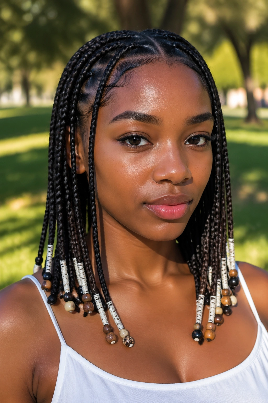 Close-up of thread-wrapped Fulani braids with beaded ends on a real woman
