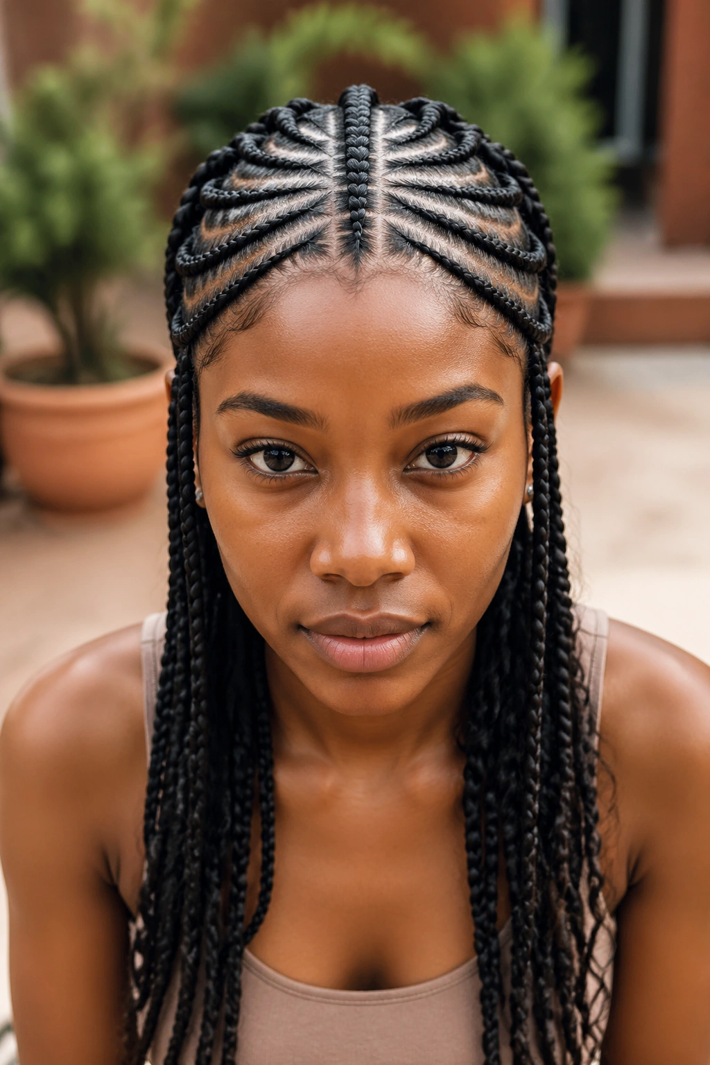 Close-up of real person with Fulani-inspired cornrows and center braid