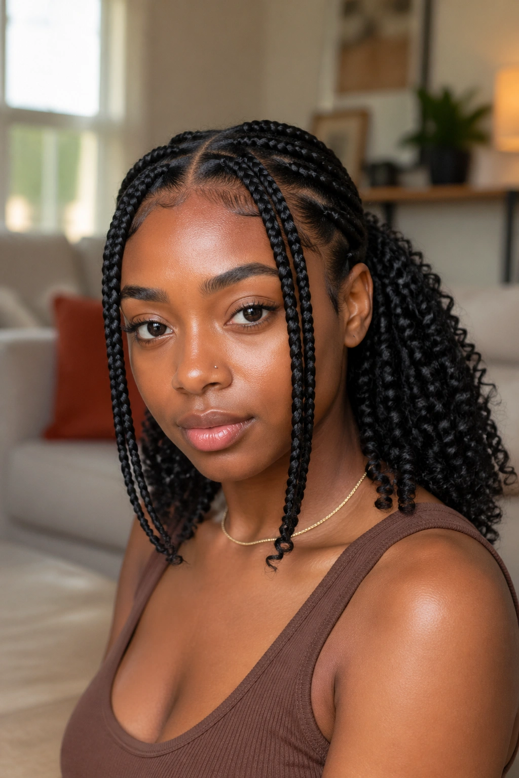 Close-up portrait of a real woman with a center-parted box braids and crochet curls at the back