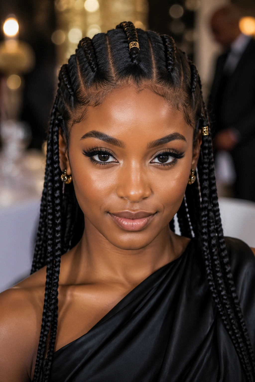 Close-up of a real woman with Fulani-inspired braids and gold cuffs in an elegant reception setting.