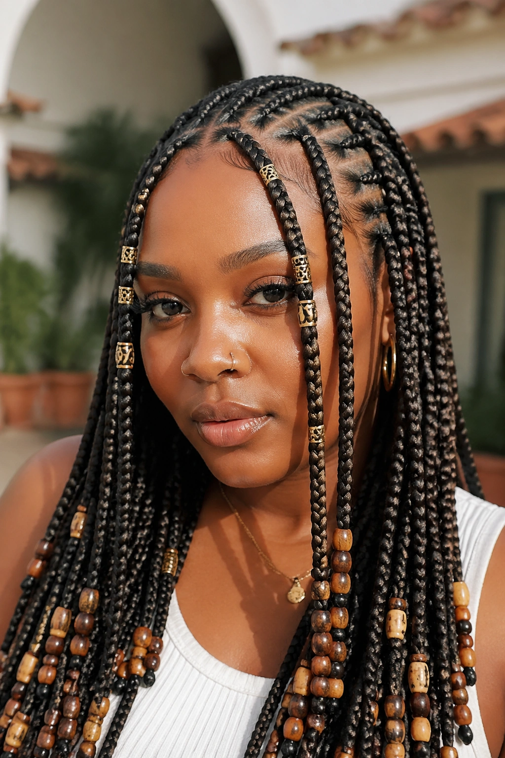 Close-up portrait of a real woman wearing Fulani-inspired box braids with beads