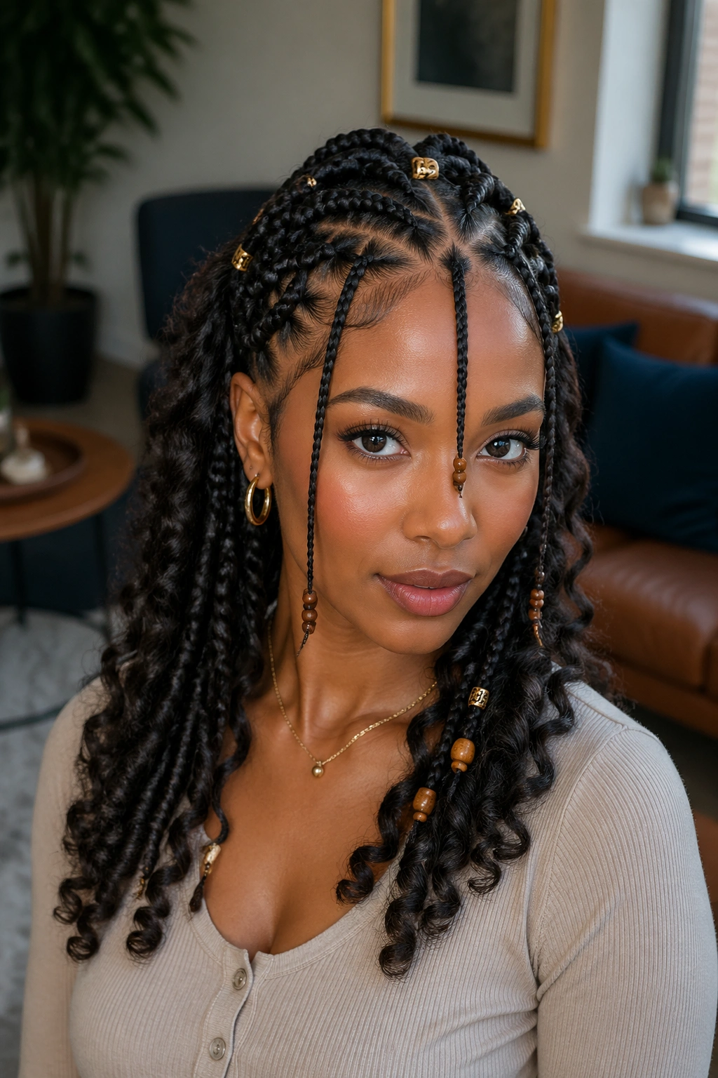 Close-up of Fulani-inspired butterfly braids with center braid and beads on a real person