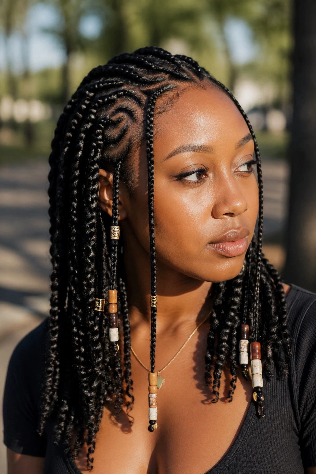 Close-up portrait of a real woman with Fulani-inspired crochet braids