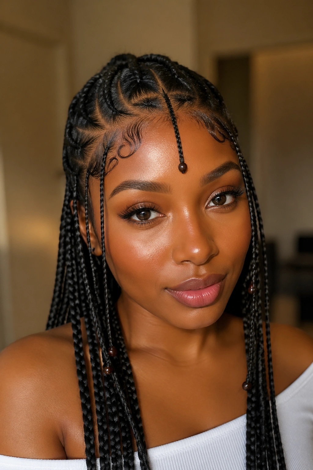 Close-up of tiny front braids with Fulani-inspired accents