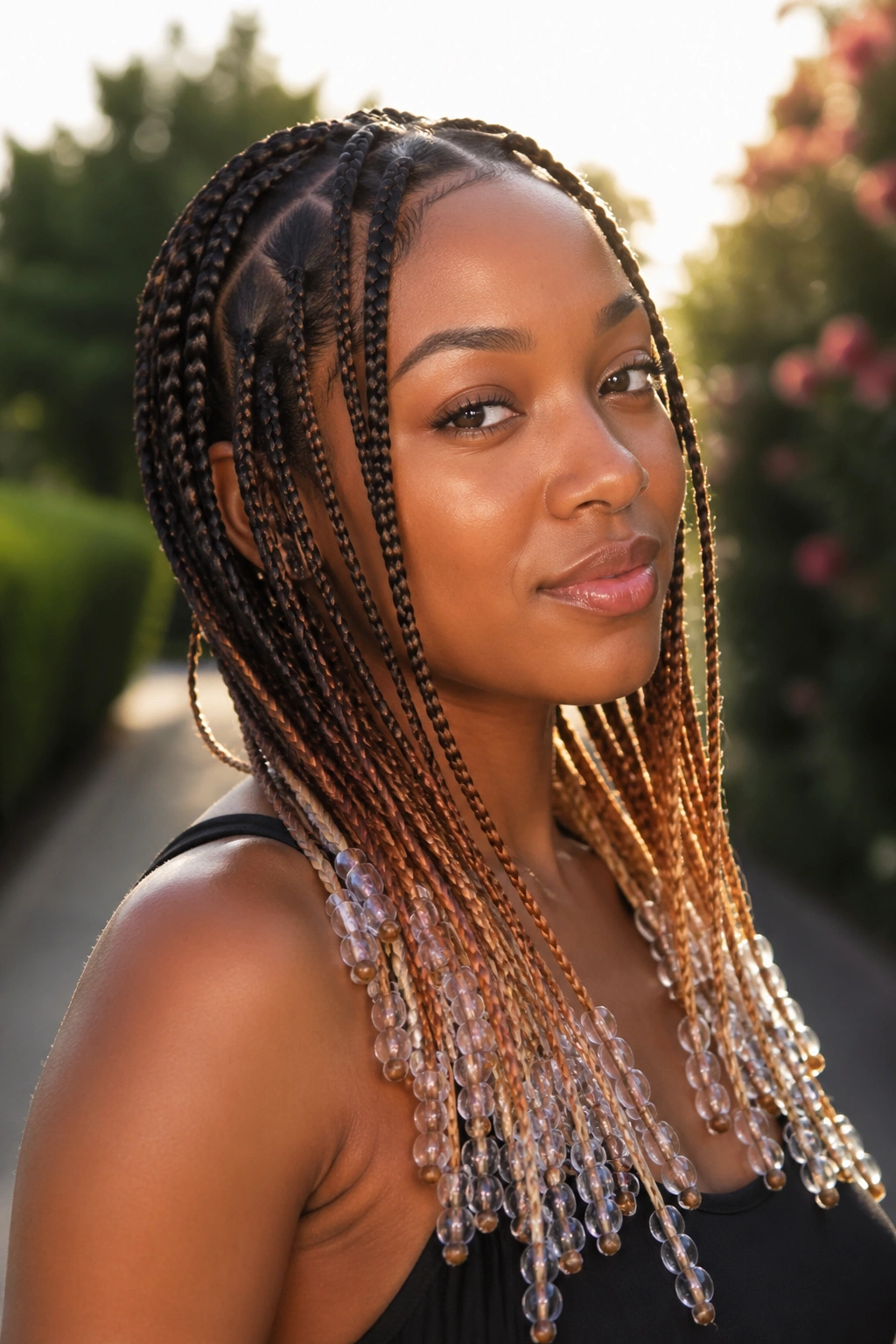 Close-up of ombré Fulani braids with transparent beads on a real person
