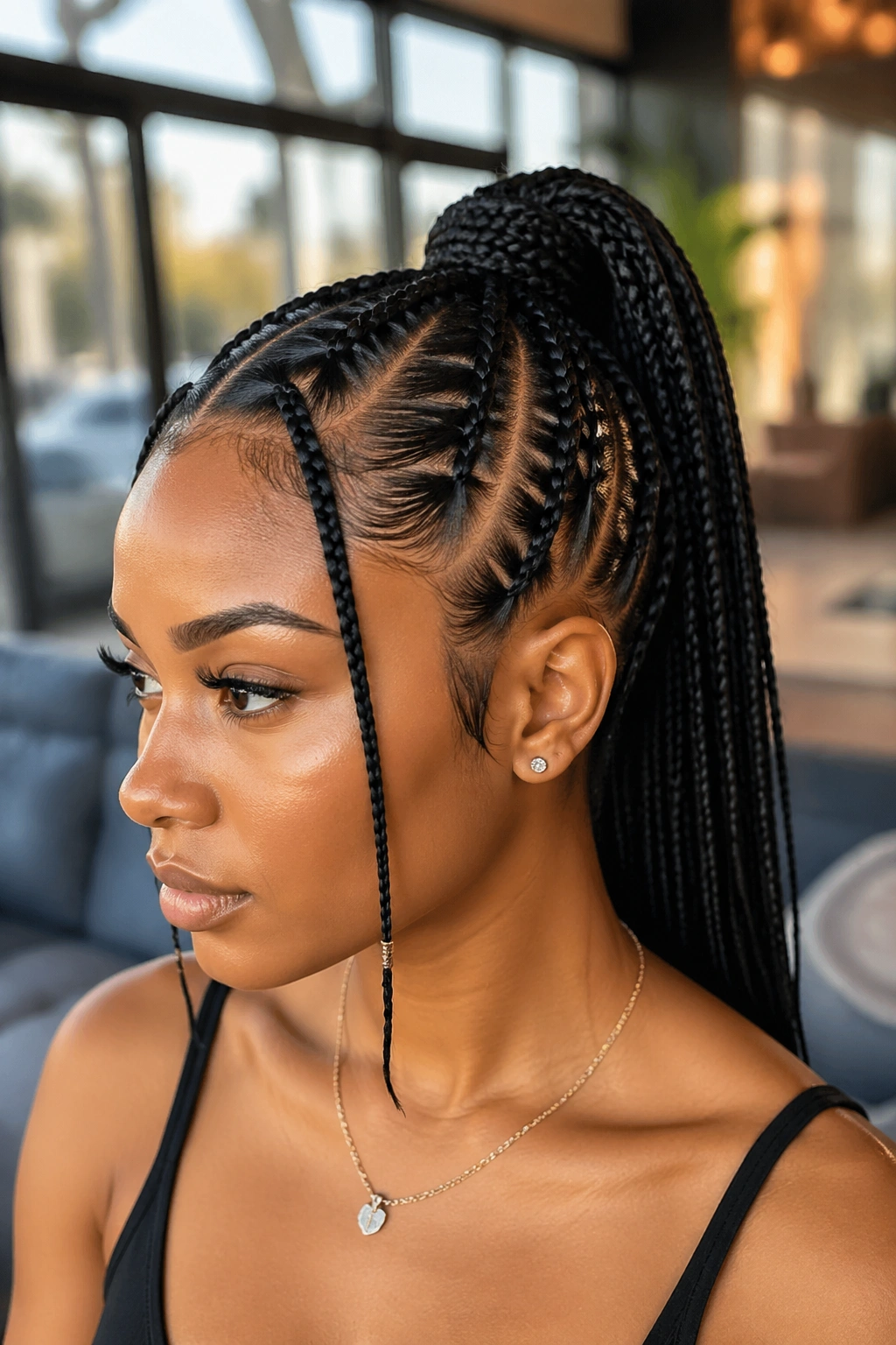 Close-up of real woman with Fulani-inspired ponytail and braided side panels.