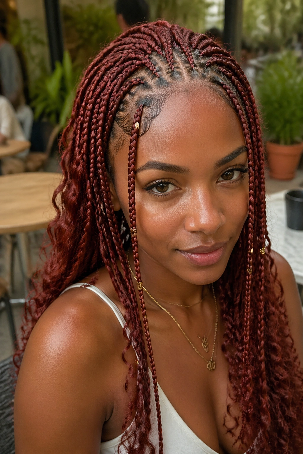 Fulani-inspired red knotless braids with central spine and front pattern on real person in daylight