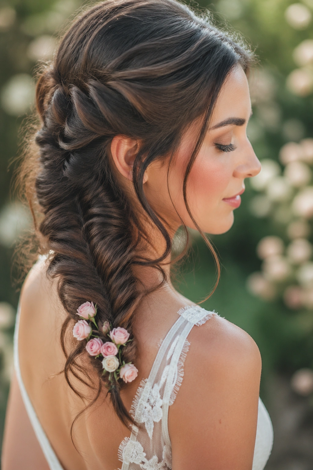 Close-up of a bride's hair with a fishtail braid and tiny rosebuds in a garden setting