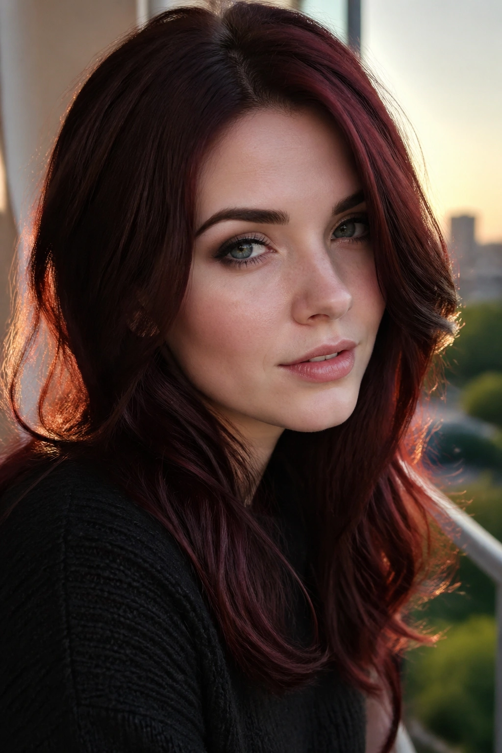 Close-up of a real woman with garnet brunette hair sparkling in golden hour light.