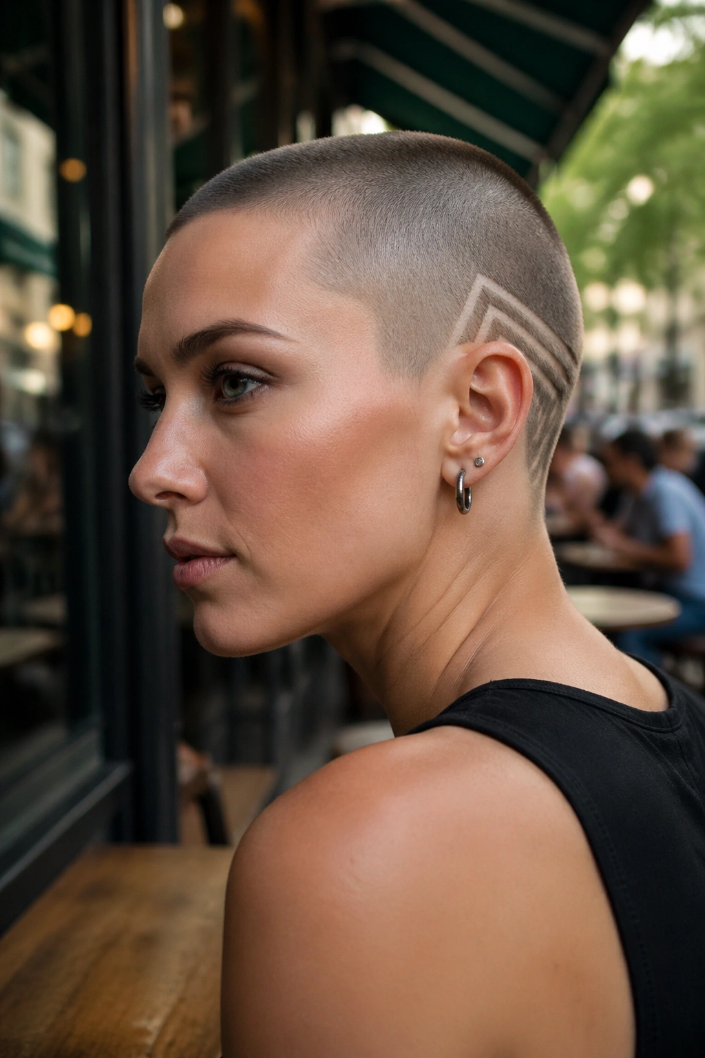 Close-up portrait showing a geometric line design on a shaved head