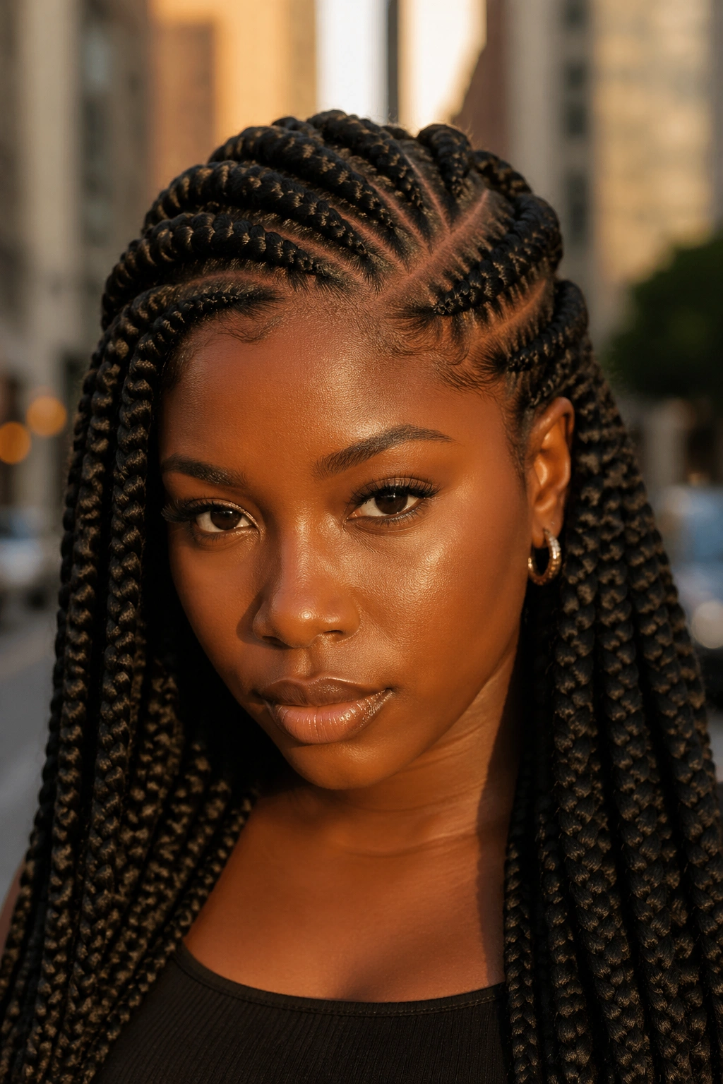 Close-up Ghana braids on a real woman during golden hour on a street