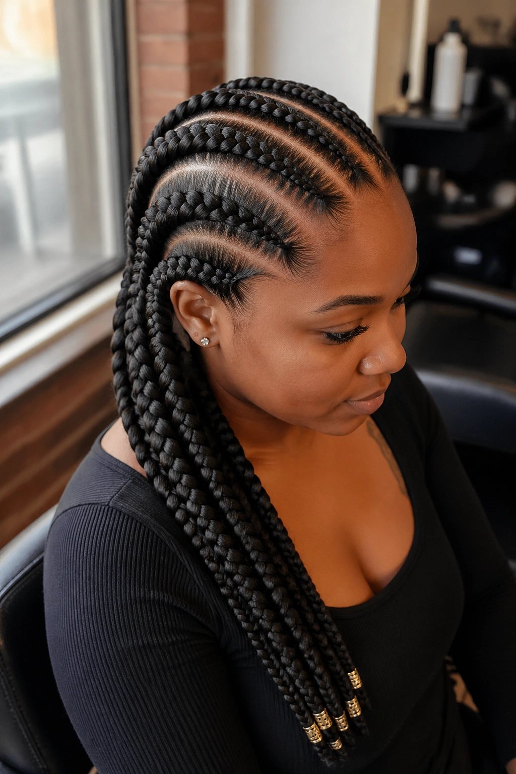 Close-up of a real woman wearing Ghana braids tapering from crown to nape in warm salon light.