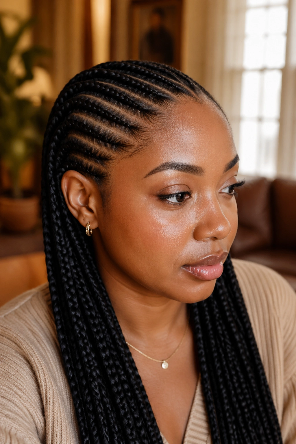 Close-up of Ghana braids with fuller soft root on a real person