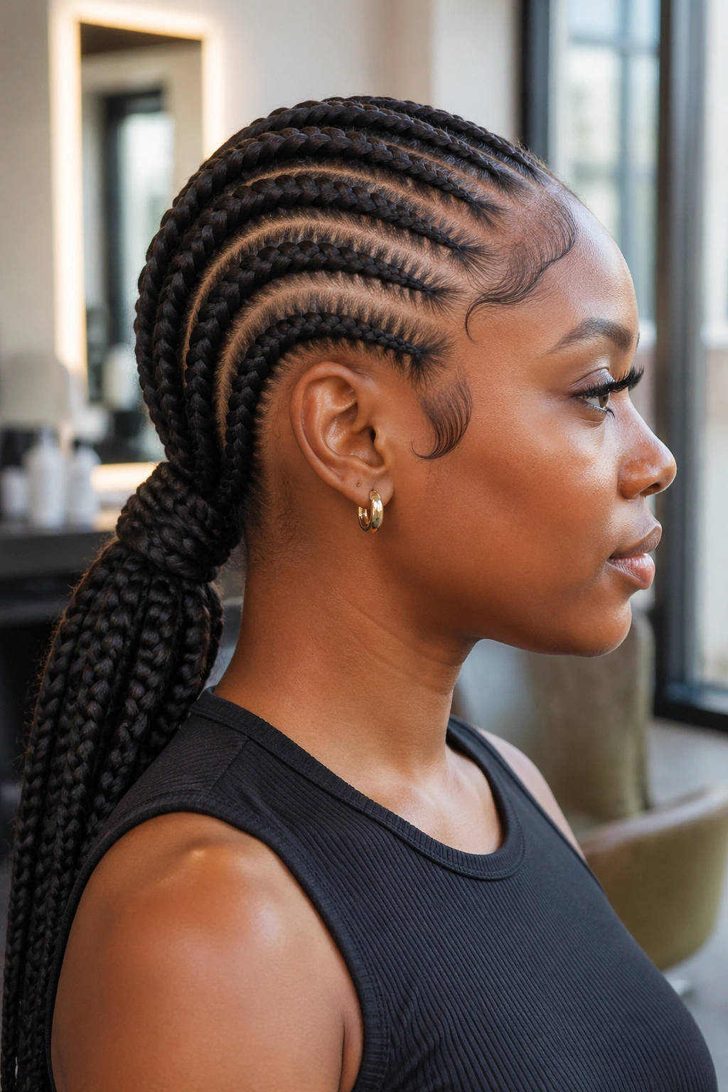 Real person with Ghana braids forming a low ponytail against a neutral background