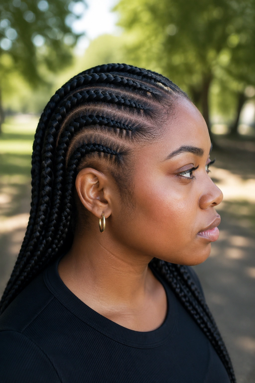 Close-up of a real Black woman's head with Ghana braids starting small at the hairline