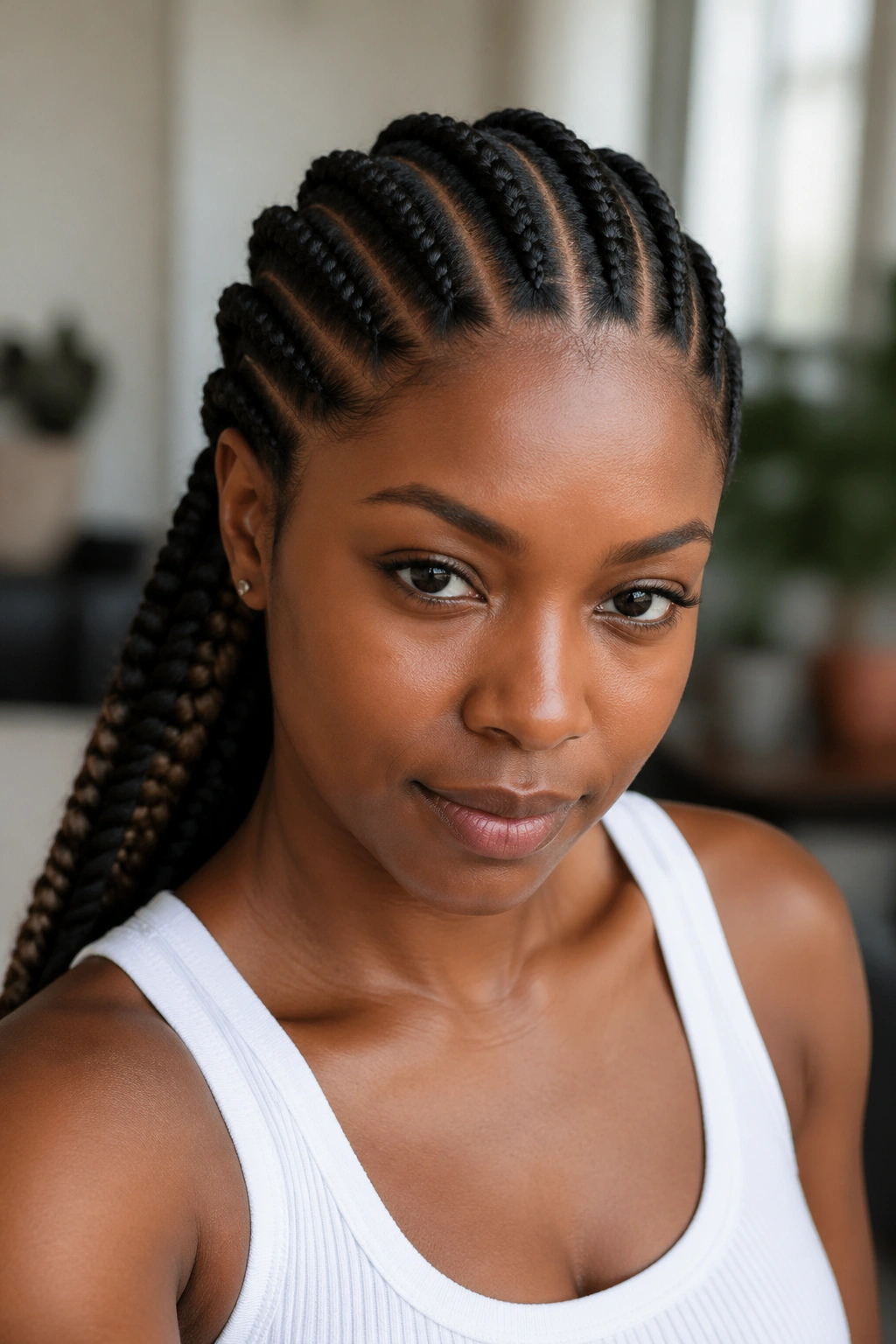 Close-up of a real person with thick raised Ghana braids