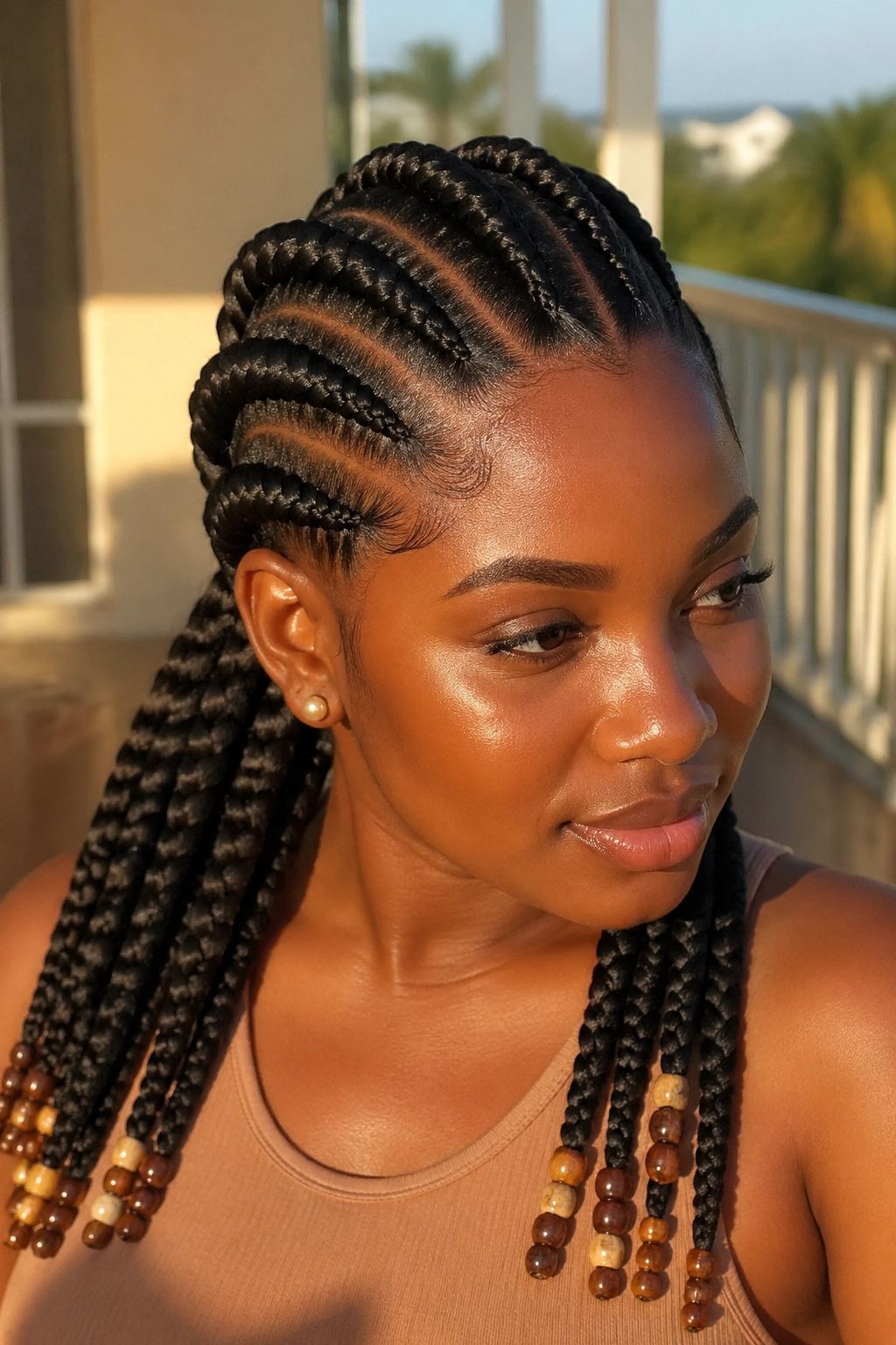 Close-up of real woman with thick Ghana braids rising from scalp