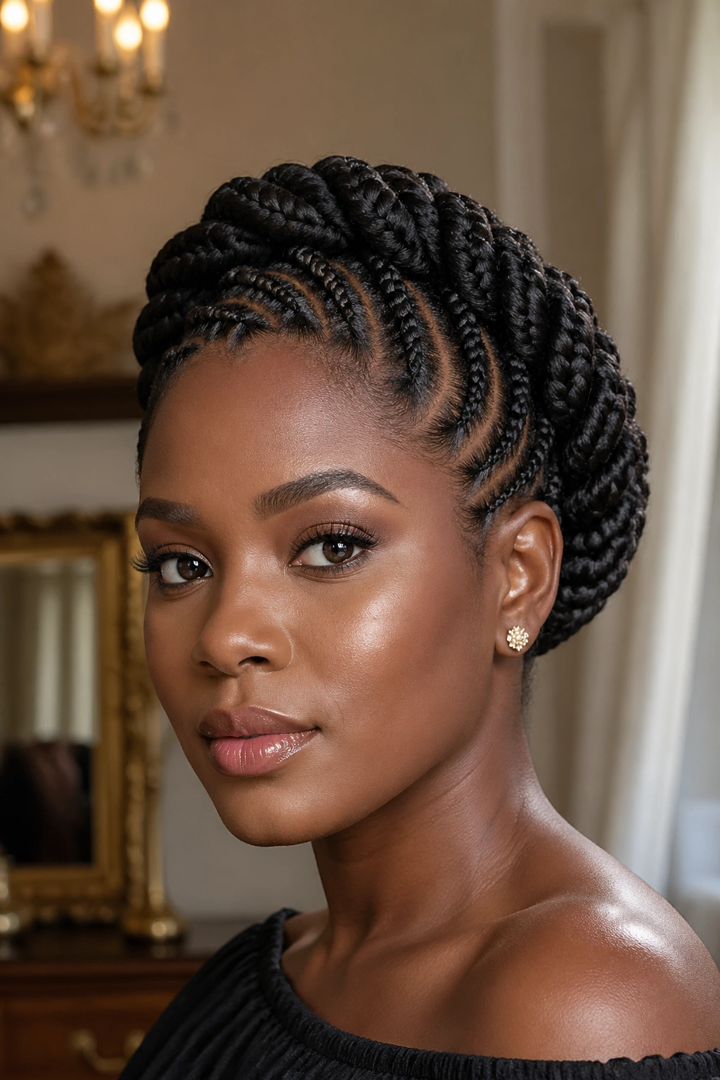 Close-up of a real woman wearing Ghana crown braids around the head